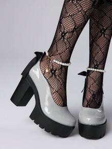 ROMWE Kawaii Women's Thick Sole Bow Decor Fashion Versatile High Heels Valentine's Day - Grey - View 1
