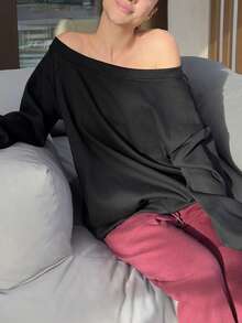 Abrilcols 宽松版型不对称领口运动衫长袖上衣宽松版型返校秋冬舒适秋季圣诞节可爱休闲日常胶囊衣橱 Y2K 街头服饰 - 黑色 - 查看 6