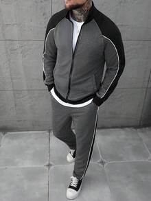 SLATEMANN Men's Contrast Color Print Zip-Up Pullover Sweatshirt And Pants Set Men S Track Suit Men S Sweat Suit Set Men S Grey And White Set Men S Knitted Set Men Jogging Suits Old Money,Daily Leisure, Weekend Trips, Outdoor Activities, Travel Expeditions, Relaxed Work Environments Or Semi-Formal Occasions, Boyfriend/Husband Gift, Anniversary /Birthday Gift Party Christmas New Years - Multicolor - View 4