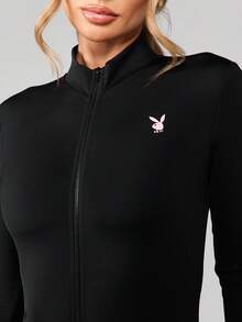 Missguided x Playboy Long Sleeve Zip Front Athletic Jumpsuit Fitted Full Length One Piece Activewear Bodysuit For Workout Training Gym Exercise - Black - View 5