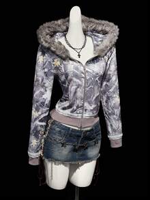 SHEIN ICON Áo nỉ nữ in họa tiết cành cây cổ điển, ren tương phản - Xám - Xem 7