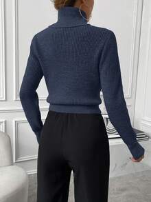 SHEIN Women's Solid Color Turtleneck Long Sleeve Casual Sweater, Autumn/Winter - Navy Blue - View 3