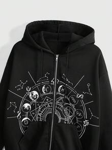 ROMWE Gothic Mysterious Cat Print Zip-Up Sweatshirt - Black - View 3