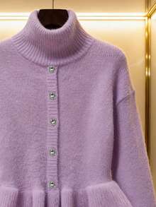 Franclia Áo len cổ cao hở vai, viền bèo nhún thường ngày cho nữ, Thu/Đông - Màu tím - Xem 3