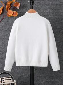 SHEIN Tween Boy Solid Color Stand Collar Long Sleeve Casual Sweater, Autumn/Winter - White - View 2