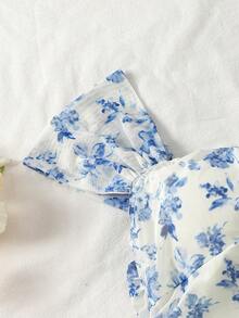 Teen Girl Floral Print Ruffle Neck Fashionable Vacation Dress - Blue - View 5