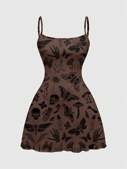 Goth Vestido mini para mujer con estampado de setas y hojas, en estilo gótico, hippie y bohemio, romántico