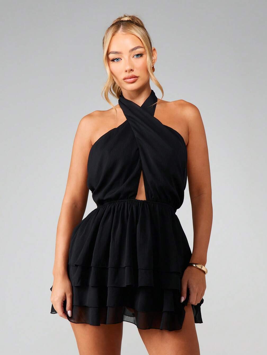 black chiffon halter mini dress Malakhai Chiffon Halter Mini Dress