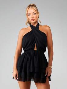 MISSGUIDED Halter Neck Chiffon Mini Dress With Crossover Front Ruffle Tiered Skirt Backless Evening Party Summer Night Outfit - Black - View 1