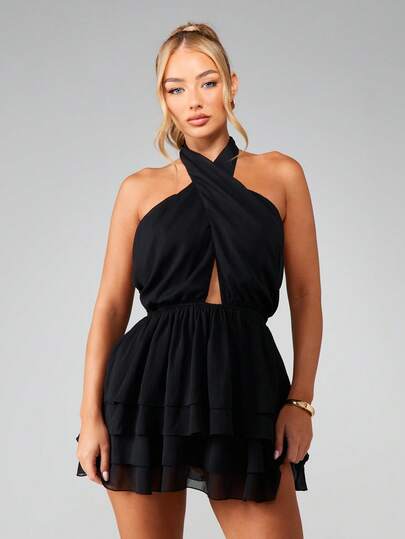 MISSGUIDED Halter Neck Chiffon Mini Dress With Crossover Front Ruffle Tiered Skirt Backless Evening Party Summer Night Outfit