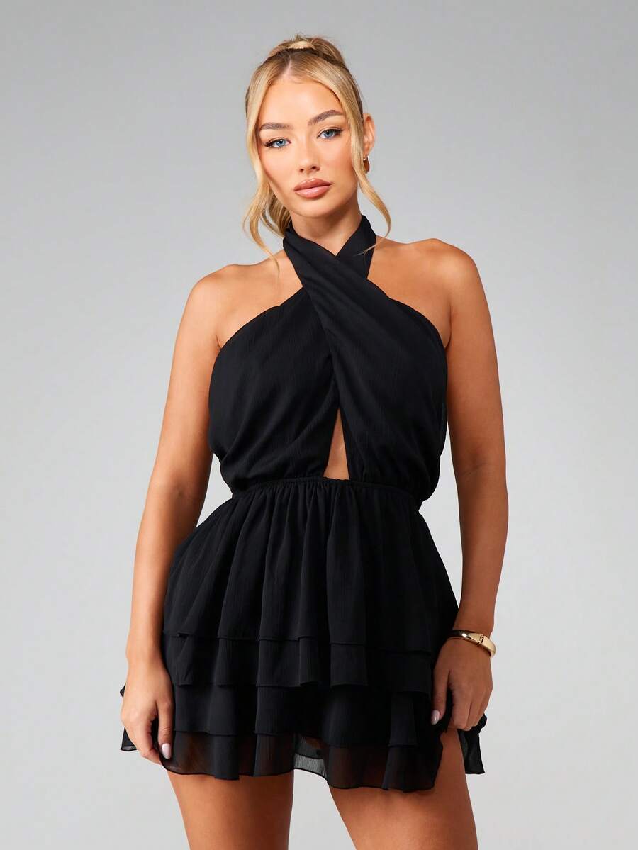 MISSGUIDED Halter Neck Chiffon Mini Dress With Crossover Front Ruffle Tiered Skirt Backless Evening Party Summer Night Outfit - Black - View 1