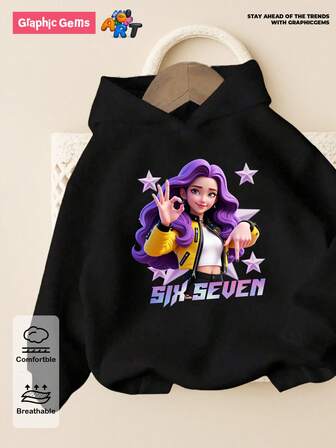 GraphicGems 少女秋冬舒适休闲时尚创意个性清新简约酷炫虚拟少女团体五角星标志标语印花连帽卫衣，适合秋冬季穿着。