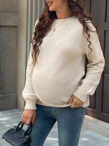 Momance Maternity Basic Crew Neck Long Sleeve Sweater, Casual Everyday Wear, Autumn/Winter - Khaki - View 5