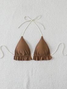 Swim Mod Women's Contrast Color Halter Neck Bikini Top - Coffee Brown - View 5