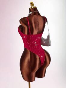 Amplova Burgundy Sexy Sleeveless Cami Bodysuit For Women With Sheer Fabric And Rhinestones