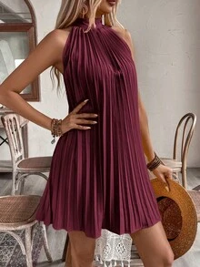 Breezaya Halter Off-Shoulder  Pleated Holiday Casual Dress For New Year Clothes Vacation Beach Outfits Women - Burgundy - View 5
