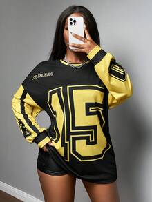 Slaydiva 新款春夏女装上衣，适合返校、万圣节装扮、商务休闲街头风、日常外出穿着，宽松复古学院风印花T恤，印有15号Logo，黑色宽松T恤，女式球衣，Y2K足球球衣，女式印花连帽衫，女式Y2K印花T恤 - 黑色 - 查看 4