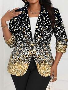 SHEIN Lady 大码时尚渐变印花派对西装外套，适合冬季穿着，适合圣诞节、新年和感恩节等节日，优雅闪亮上衣 - 彩色 - 查看 5