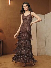 Anewsta Women's Elegant Romantic Embroidered Tassel Mermaid Texture Spring/Summer Dress, Suitable For Parties, Dates, Classy, Elegant, Beach, Festival, Holiday, Vacation - Coffee Brown - View 3