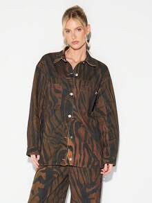 KIZN Oversized Denim Shirt With Wood Grain Pattern Long Sleeve Button Front Collared Brown Autumn Winter Casual Top - Multicolor - View 1