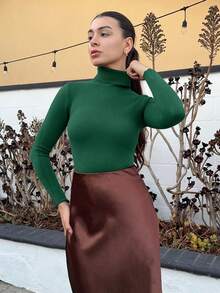 Andrea Bello Women Solid High Neck Long Sleeve Minimalist Sweater, Casual For Daily Wear Knit Pullover Fall Winter Outfit - Dark Green - View 3
