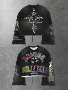 ROMWE MEN Camiseta de manga larga de cuello redondo con estampado de letras y cruces, corte holgado para hombre - Multicolor - Ver 1