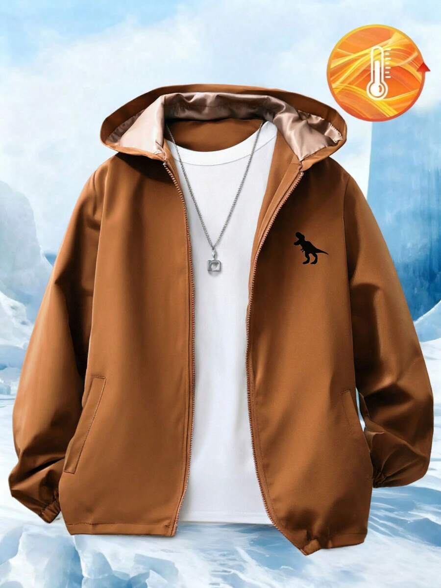 SHEIN 青少年男童休闲恐龙印花连帽拉链夹克,百搭百搭外套,适合通勤、上学、日常休闲、旅行、户外派对、运动、秋冬 - 黃色 - 查看 1