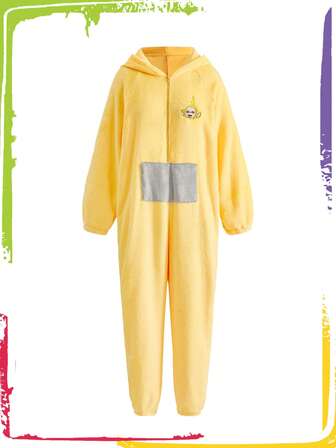 Teletubbies X ROMWE Women's Cartoon Embroidered Plush Fabric Cute 3D Hooded One-Piece Pajama Jumpsuit