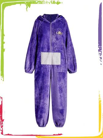 Teletubbies X ROMWE Women's Cartoon Embroidered Zip Front 3D Hooded Plush Fabric Cute Pajama Romper
