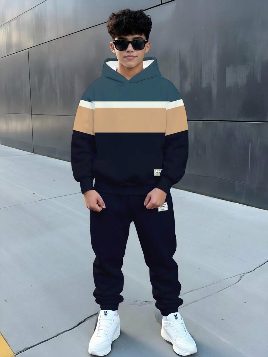 两件套男童休闲宽松舒适连帽衫套装,时尚经典,运动撞色设计,适合秋冬季穿着 - 彩色 - 查看 1