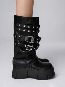 ROMWE Grunge Punk Giày bốt cao đến đầu gối đế dày thoải mái dành cho nữ, thường ngày và đi làm, mùa thu/đông - màu đen - Xem 4