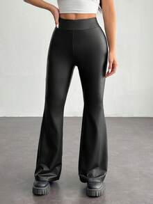 SHEIN PETITE Women's PU Leather High Elastic Flared Leggings - Black - View 5