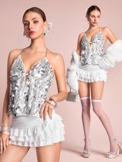 ROMWE Avant Canotta da donna sexy con paillettes, scollo a V e schiena scoperta, adatta per festival musicali e feste