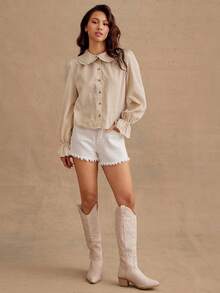 WESTFADE Spring Gingham Checkered Plaid Ruffle Collar Long Sleeve Button Up Shirt