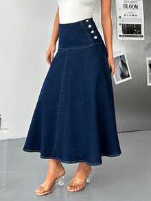 EURMUSE High Waist Button Wrap Elegant Denim Skirt - Dark Wash - View 6