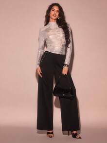 SHEIN Glamour Women's Casual Loose Fit Black Wide Leg Sweatpants, Suitable For Sports & Leisure Outfits, Outdoor Pants, Basic Black Pants Black Flare Pants - Black - View 1