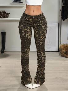 Jeanoix Women's Leopard Print Cargo Pocket Pleated Fashionable Versatile Jeans - Multicolor - View 3