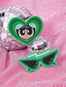 THE POWERPUFF GIRLS X SHEIN 2个装 毛茛花和眼镜图案 绿色刘海发夹 女士 - 綠色 - 查看 1