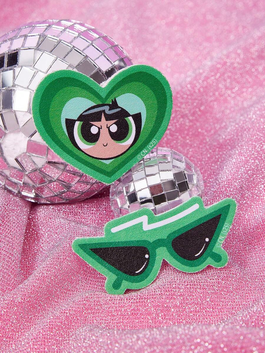 THE POWERPUFF GIRLS X SHEIN 2个装 毛茛花和眼镜图案 绿色刘海发夹 女士 - 綠色 - 查看 1