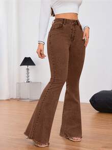 SHEIN Tall Women's Casual Washed High Waist Flare Jeans - Coffee Brown - View 4