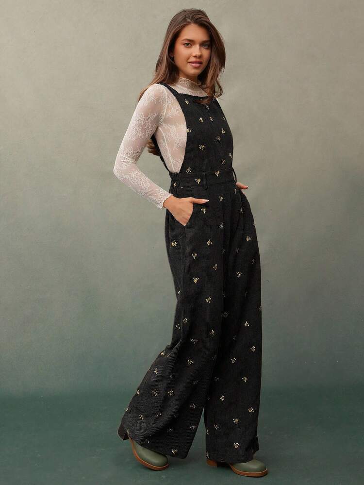 WESTFADE Peto ancho y relajado de pana con bordado floral, para otoño, invierno, atuendo bohemio, vestimenta informal occidental para mujer, lindo atuendo para concierto country, Halloween - Negro - Añade 5