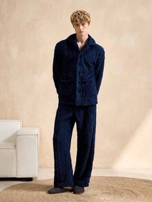 EverLounge Soft & Comfortable Jacquard Knit Loungewear Set For Men, Fluffy Winter Clothes - Navy Blue - View 5
