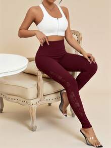 Amorya Women's Solid Color High Waist Contrast Lace Leggings - Maroon - View 3