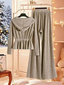 SHEIN Franclia 2 Stücke Damen einfarbiger Kapuzen-Langarmoberteil und Hosen Set, Herbst/Winter Outfit - Khaki - Übersicht 2