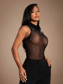 Radiana 女士性感优雅奢华黑色透视网纱水钻连体衣，闪亮水钻点缀上衣，适合约会、聚会、庆典、俱乐部、夜店、派对、音乐节、圣诞节、新年夜、节日穿着 - 黑色 - 查看 7