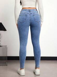 SHEIN PETITE Jeans vaqueros ajustados de lavado casual, otoño/invierno - Azul lavado medio - Ver 2