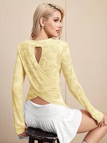 Cheerettes Women Camouflage Print Back Cutout Long Sleeve Casual Fitness Sports T-Shirt - Yellow - View 3