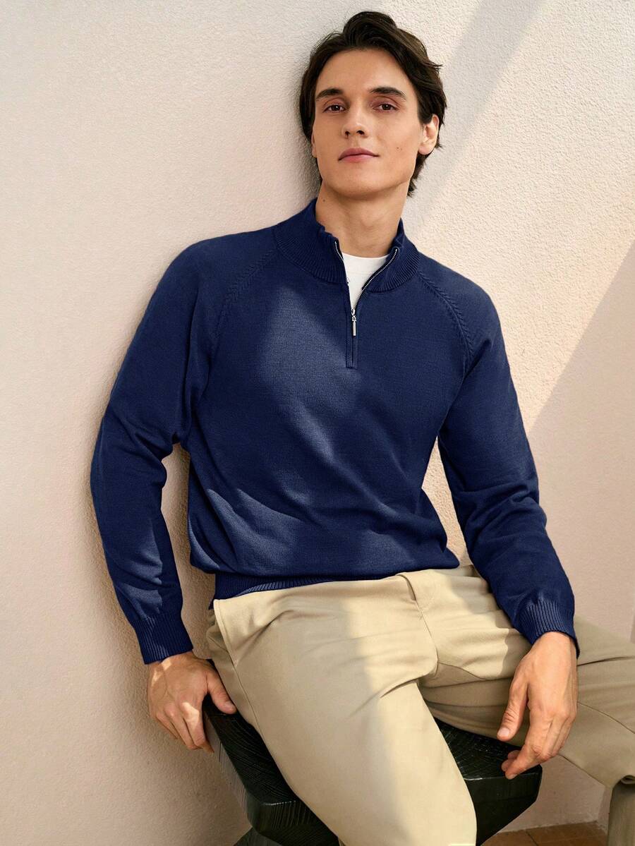 Manfinity Homme 男士纯色半拉链宽松休闲毛衣 - 寶藍色 - 查看 1