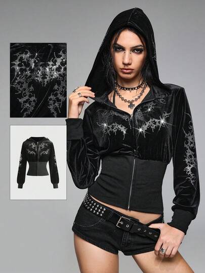Grunge Punk Y2K Vintage Tight Fit Studded Thorn & Wing Graphic Hoodie Sweatshirt For Women
