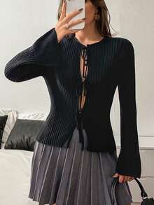 Women Bow Tie Front Rib Knit Sweater Long Sleeve Black Color Slim Fit - Black - View 7